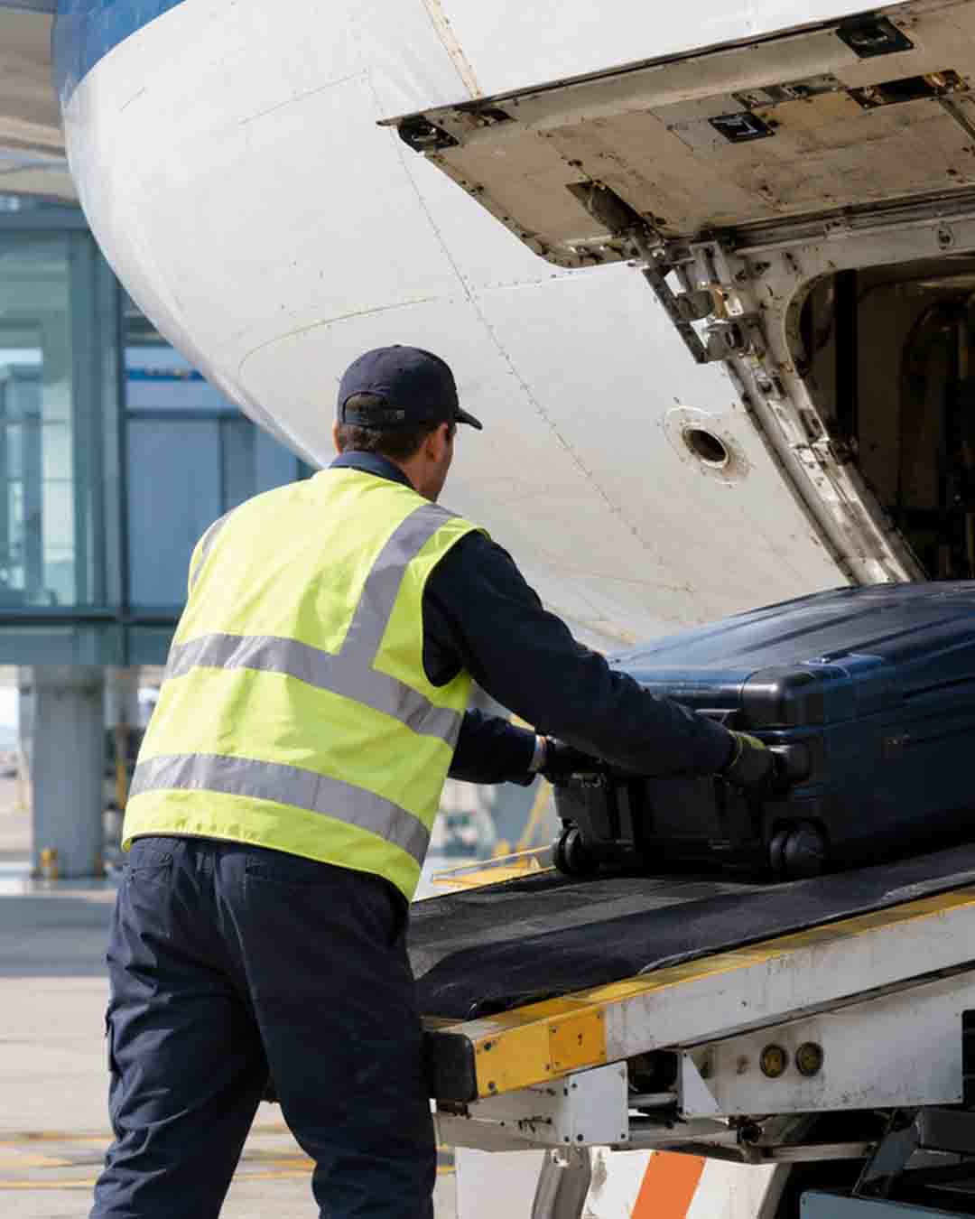 Airport baggage handler loading a suitcase into an airplane’s cargo hold