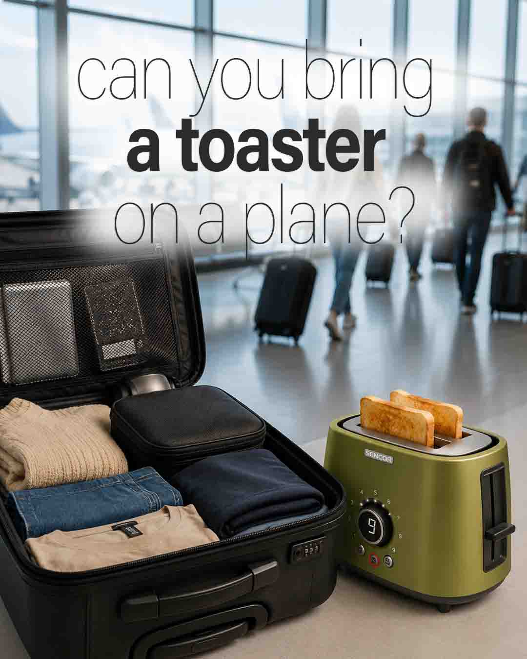 Open carry-on suitcase beside a two-slice toaster in an airport terminal, illustrating travel with a toaster