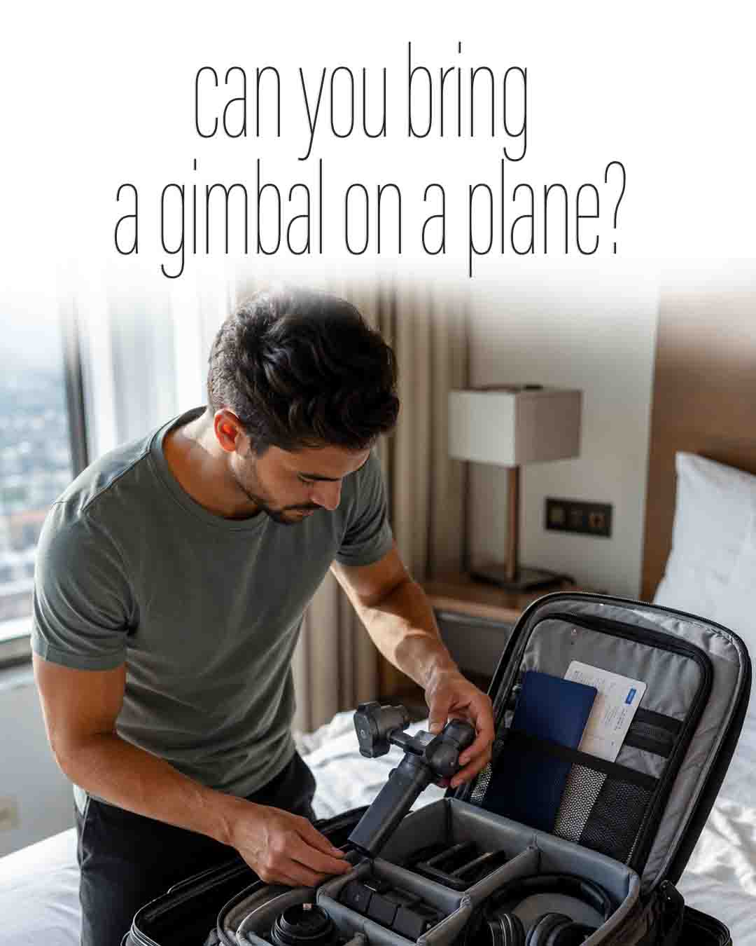 A traveler packing a handheld camera gimbal into a padded carry-on suitcase in a hotel room before a flight