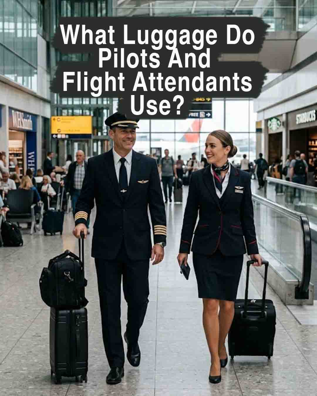 Airline pilot and flight attendant walking through an airport terminal pulling small rolling carry-on suitcases