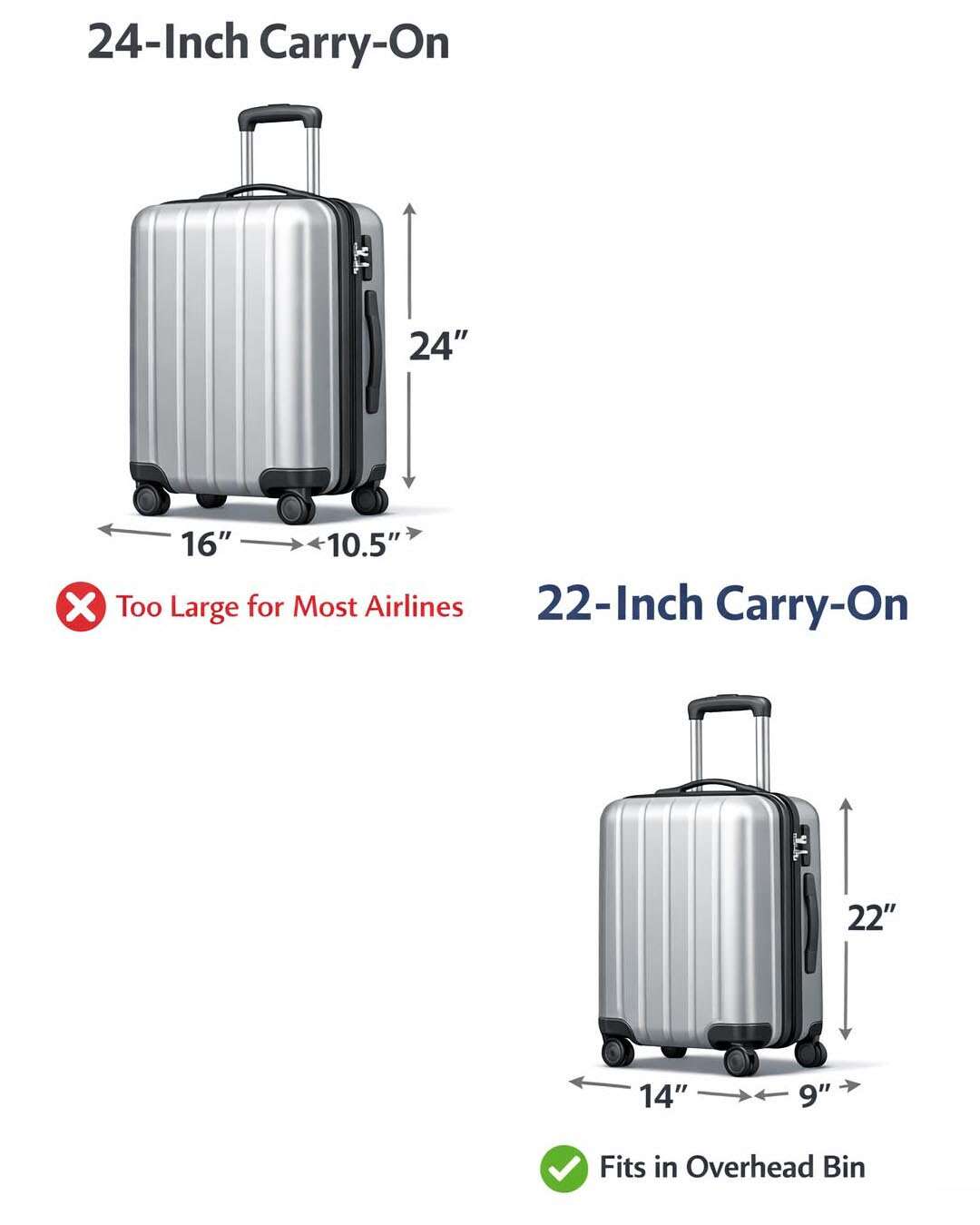 comparison of 22-inch and 24-inch carry-on suitcases, showing fit and size