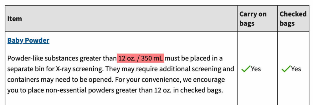 Screenshot from the TSA website showing baby powder rules stating that powders over 12 oz or 350 mL must go in a separate bin for X-ray screening, allowed in both carry-on and checked bags