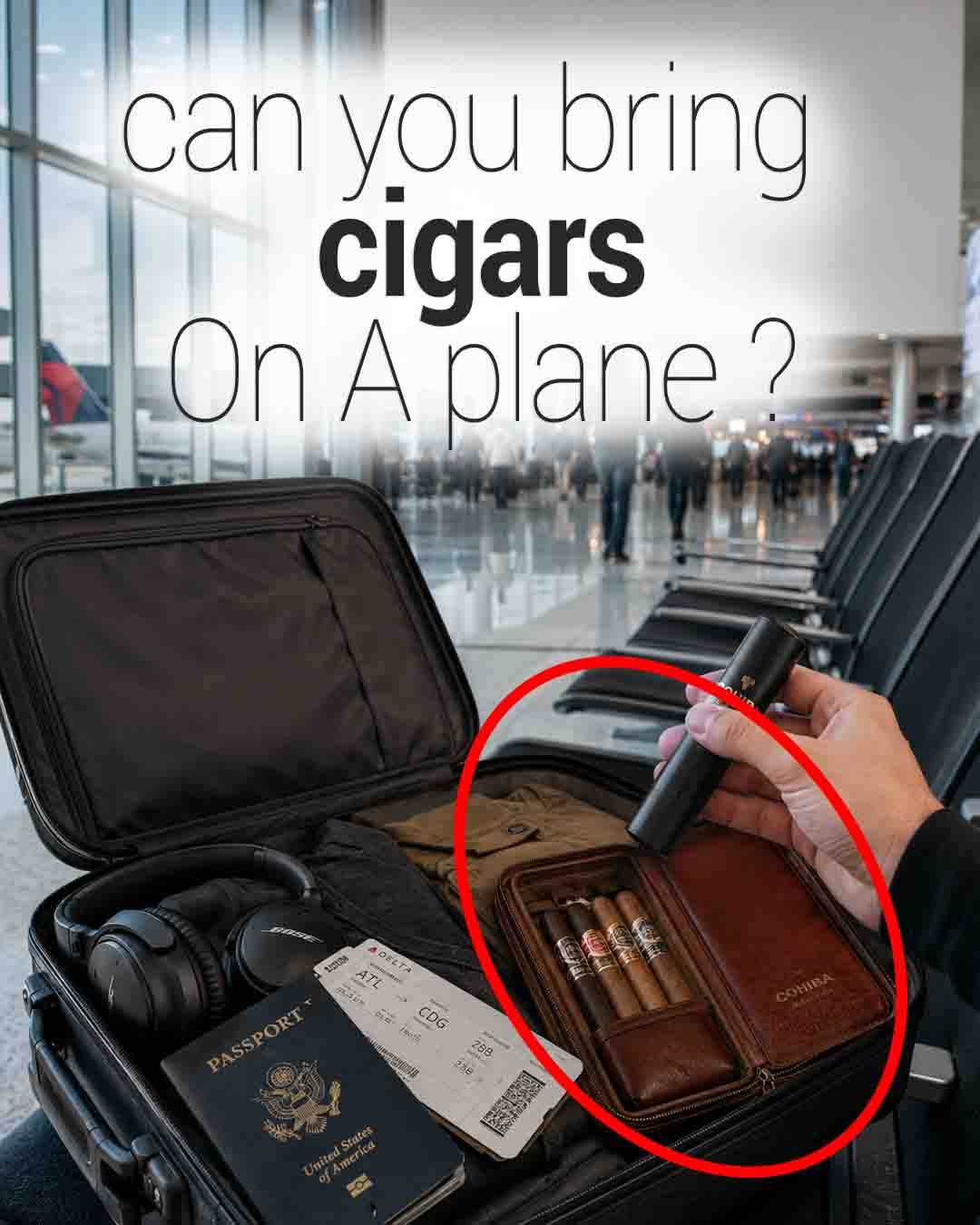 Open suitcase at an airport gate with passport, boarding pass, headphones, and a cigar travel case highlighted