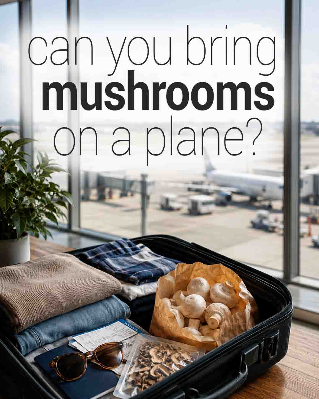 Open suitcase packed with clothes, travel documents, and mushrooms at an airport window, with large text asking, “Can you bring mushrooms on a plane?”
