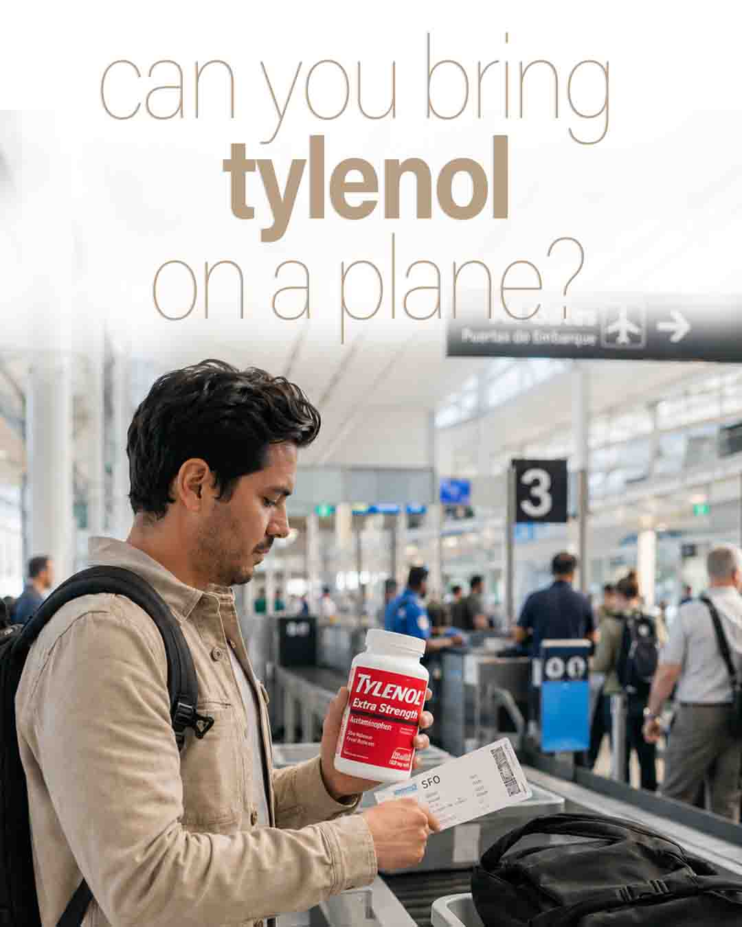 Traveler holding a bottle of Tylenol at an airport security checkpoint before a flight