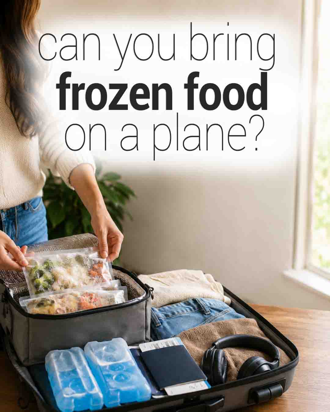 Person packing frozen food and ice packs into a suitcase with the text “Can you bring frozen food on a plane?”