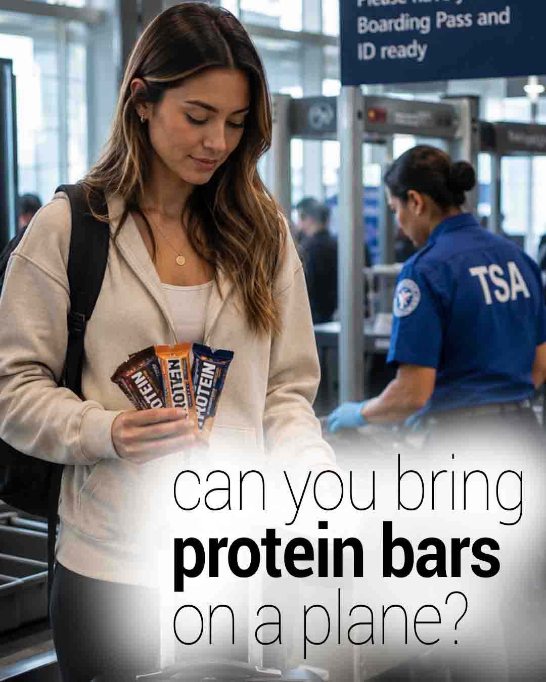 Woman holding protein bars at airport security checkpoint with text asking if you can bring protein bars on a plane