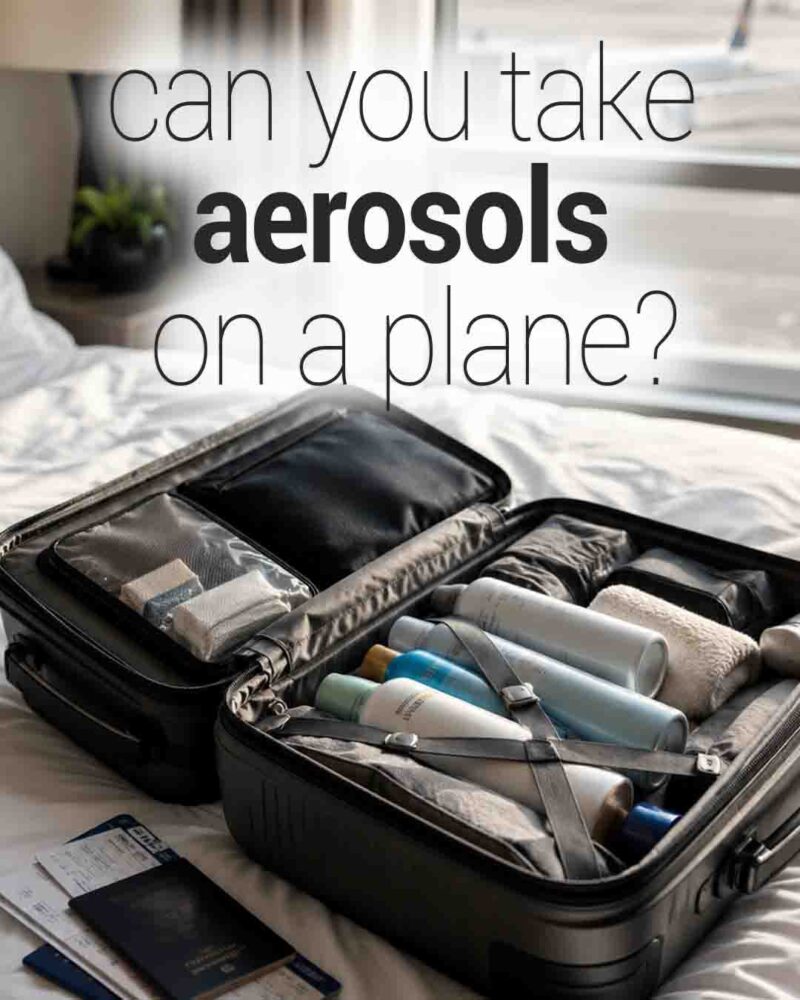 Open suitcase packed with travel toiletries, including aerosol cans, on a bed beside a passport and boarding pass, with text asking, “Can you take aerosols on a plane?”