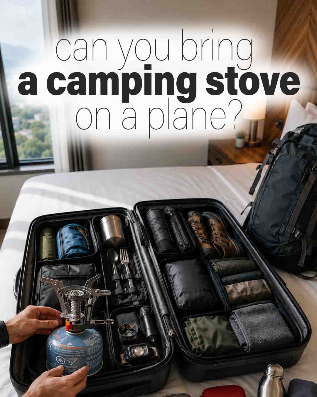 Traveler packing a camping stove inside a carry-on suitcase with organized camping gear on a hotel bed