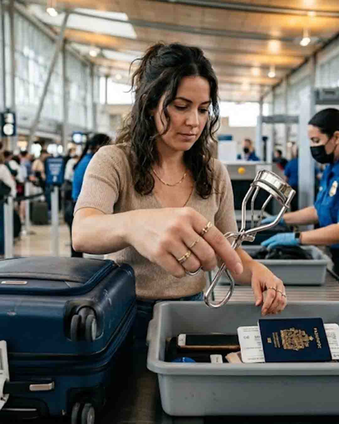 Woman placing an eyelash curler in a TSA tray at an airport security checkpoint beside a passport and suitcase