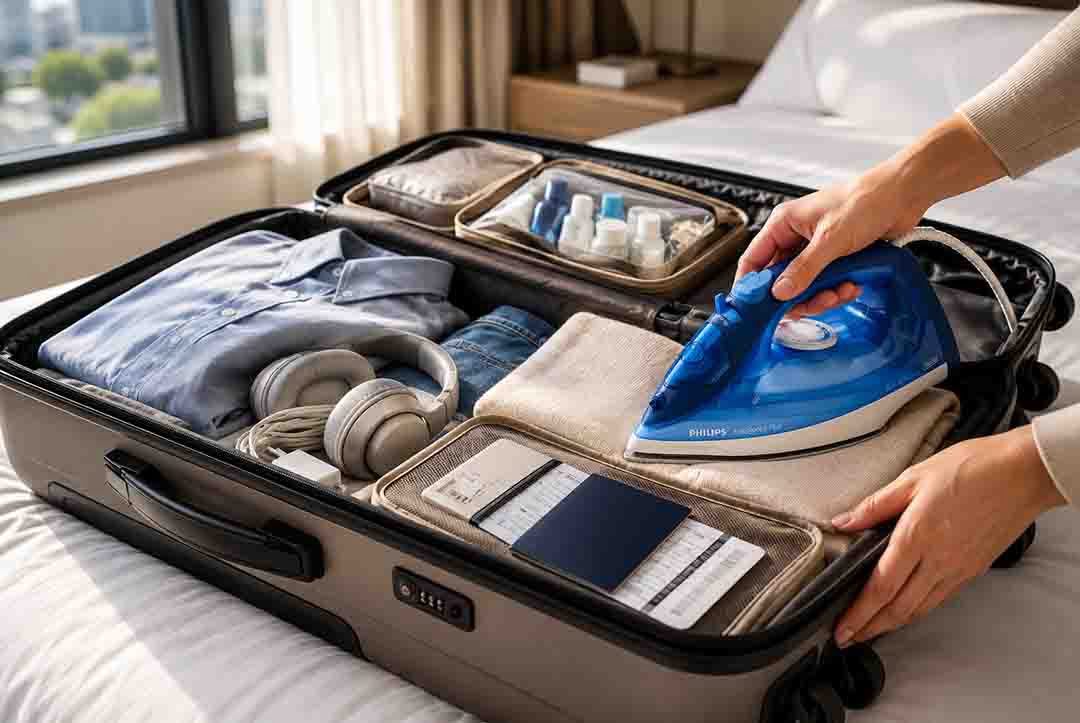 Packed suitcase with a clothing iron, travel essentials, and folded clothes on a hotel bed