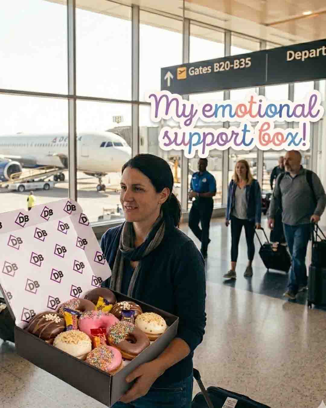 A woman in an airport terminal holds a large, open box of gourmet doughnuts