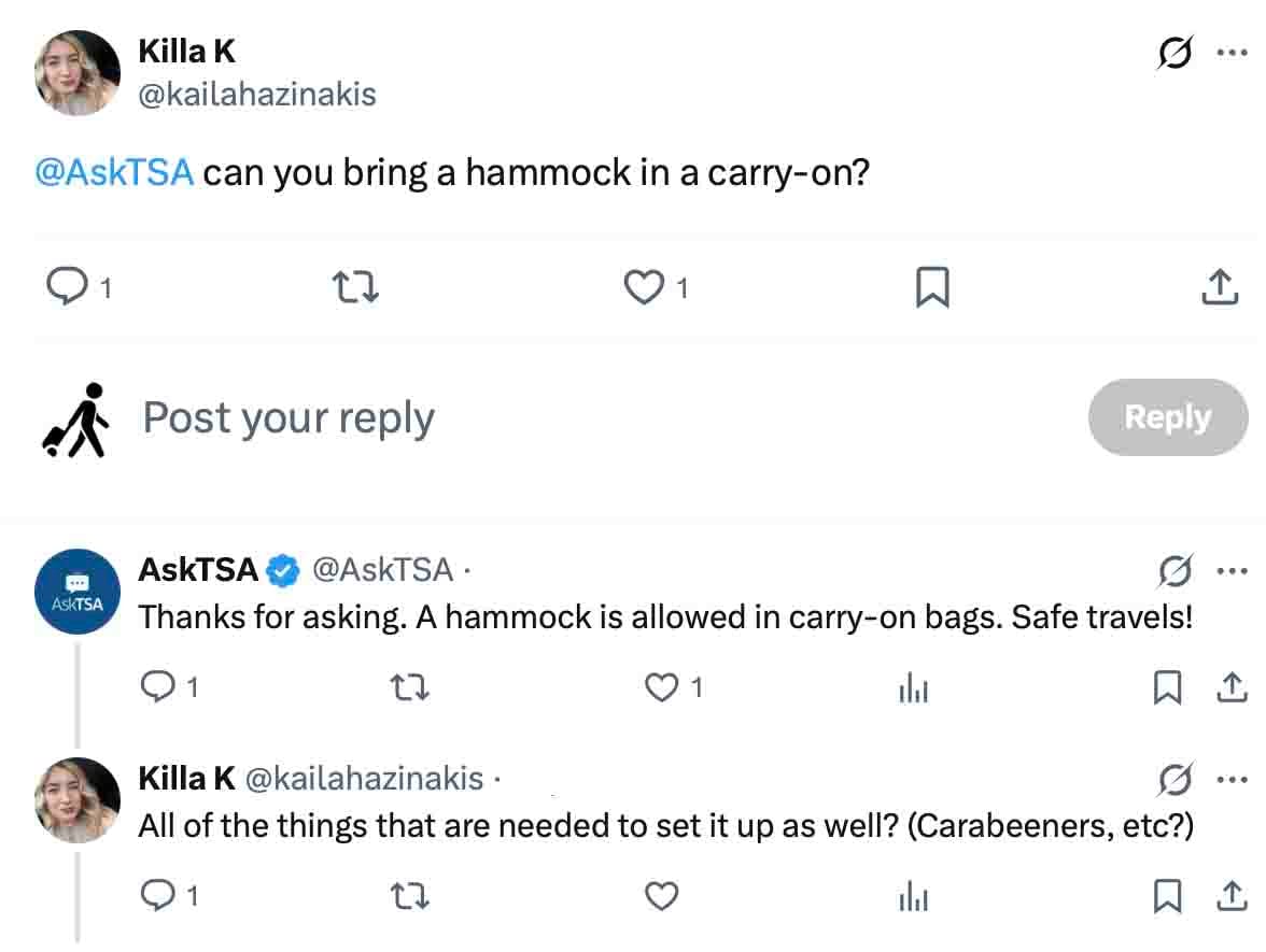 Screenshot of an AskTSA conversation confirming that hammocks and their setup accessories are allowed in carry-on bags