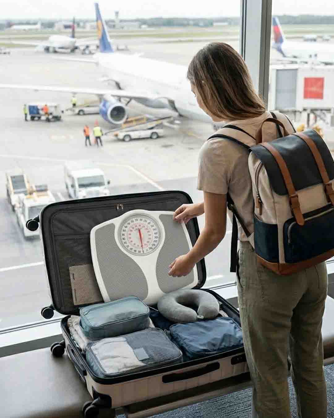 Traveler at an airport placing a bathroom scale into an open suitcase packed with clothes and travel items, with airplanes visible outside the window