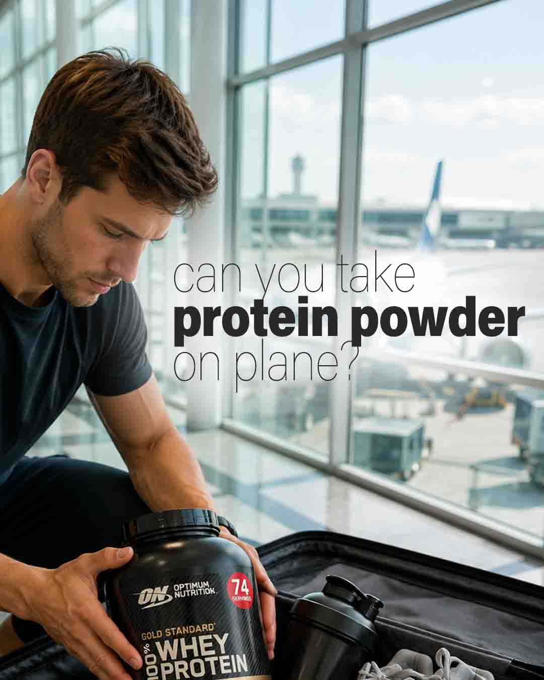 Traveler packing a container of protein powder and a shaker bottle into a carry-on suitcase at the airport