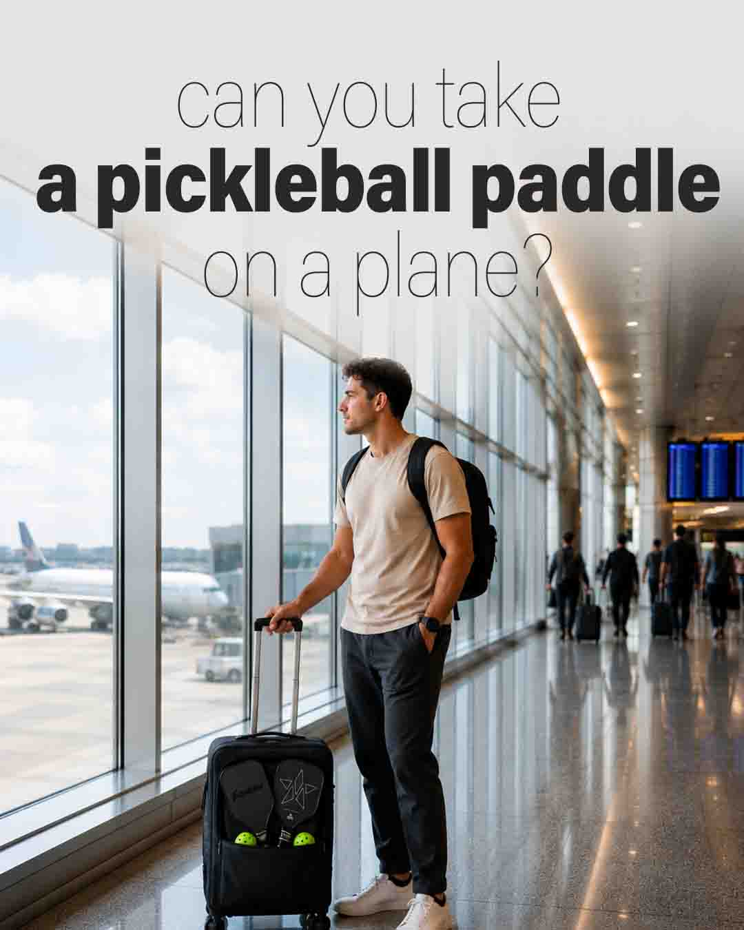 Traveler with a pickleball paddle at an airport terminal
