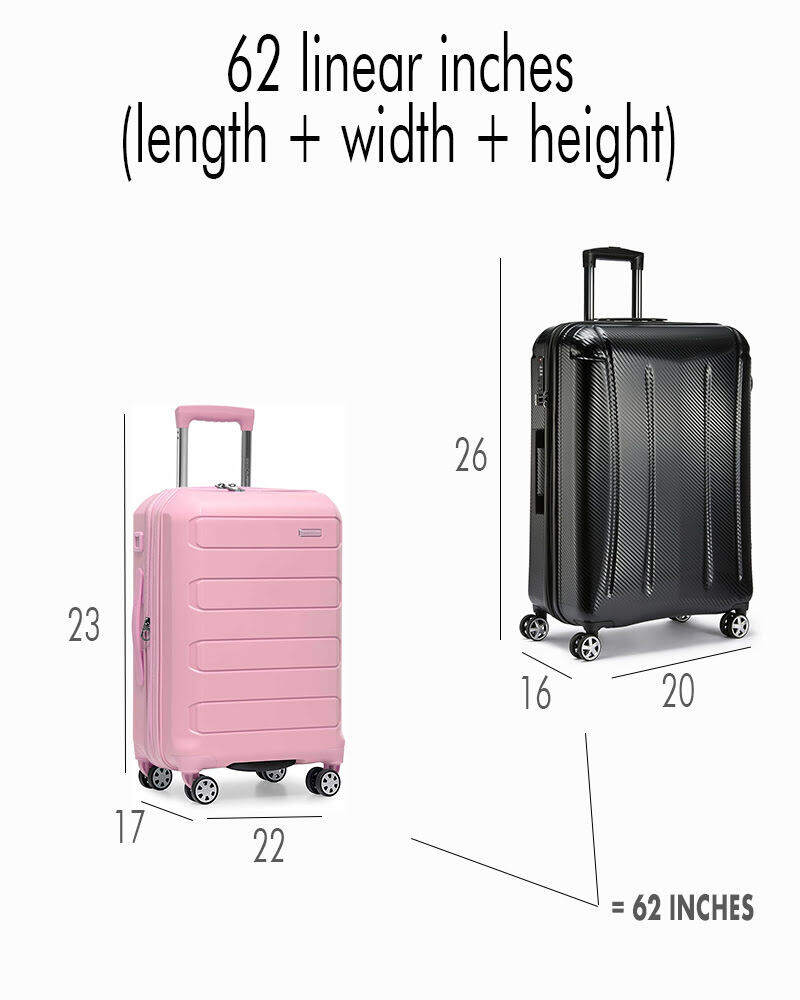 Image showing two suitcases with dimensions explaining the 62 linear inches luggage limit for JetBlue.