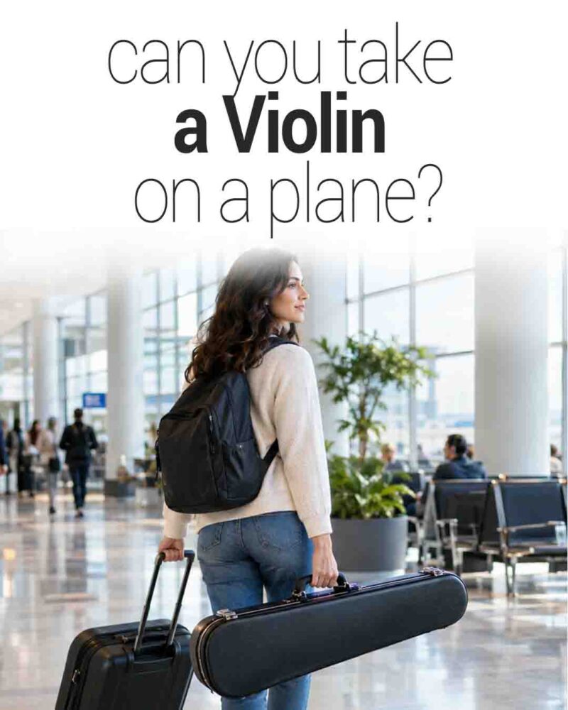 Woman carrying a violin case through an airport terminal