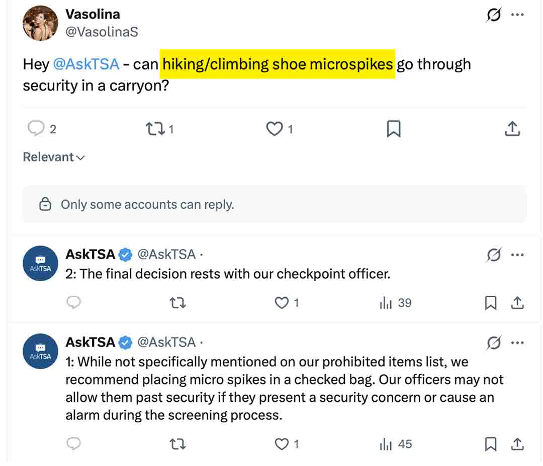 Screenshot of an AskTSA X (Twitter) conversation recommending that hiking or climbing shoe microspikes be packed in checked baggage, with the final decision left to TSA officers at the security checkpoint