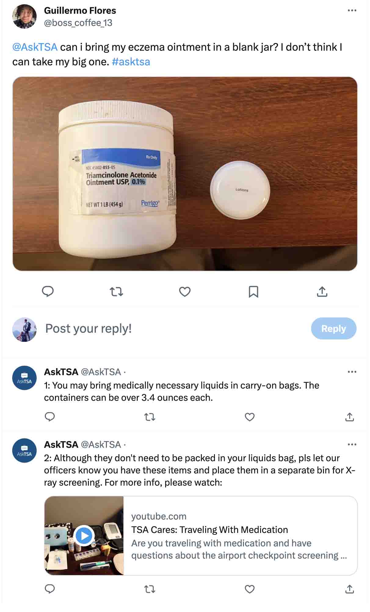 the TSA answer about taking eczema ointment