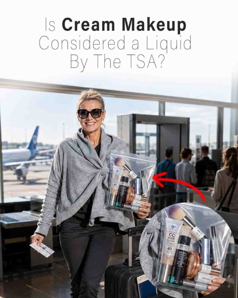 Traveler carrying cream makeup in a TSA-approved quart-size liquids bag at airport security