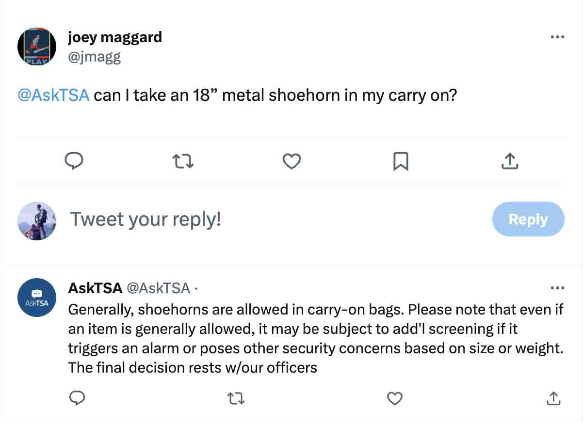 the TSA answer about taking an 18 inches  shoe horn in carry-on 