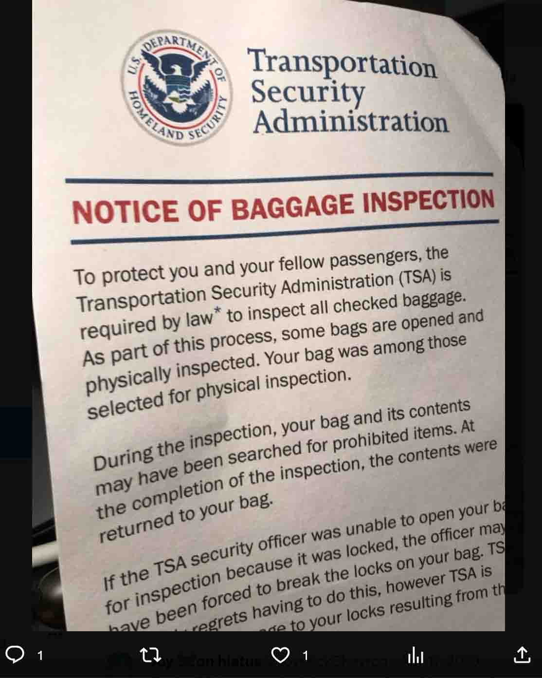 TSA notice of baggage inspection 