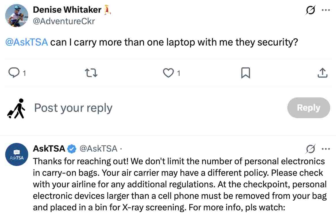 Screenshot of an AskTSA reply on X  explaining that travelers can bring more than one laptop in a carry-on bag, though airlines may have their own policies
