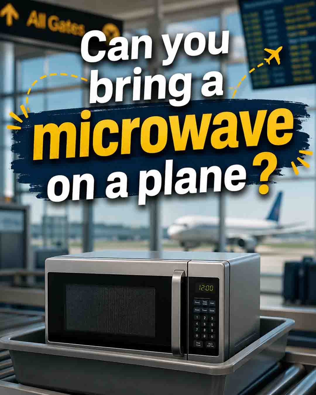 Microwave in an airport security tray with text asking if you can bring a microwave on a plane
