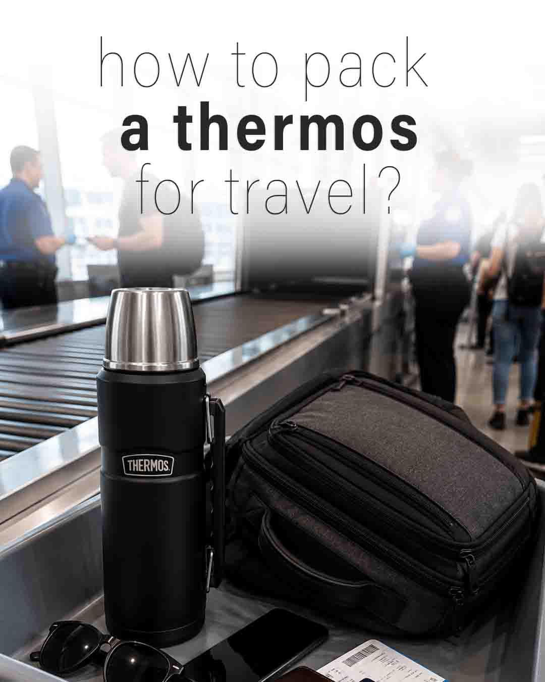 Thermos flask beside a travel backpack at an airport security checkpoint conveyor belt