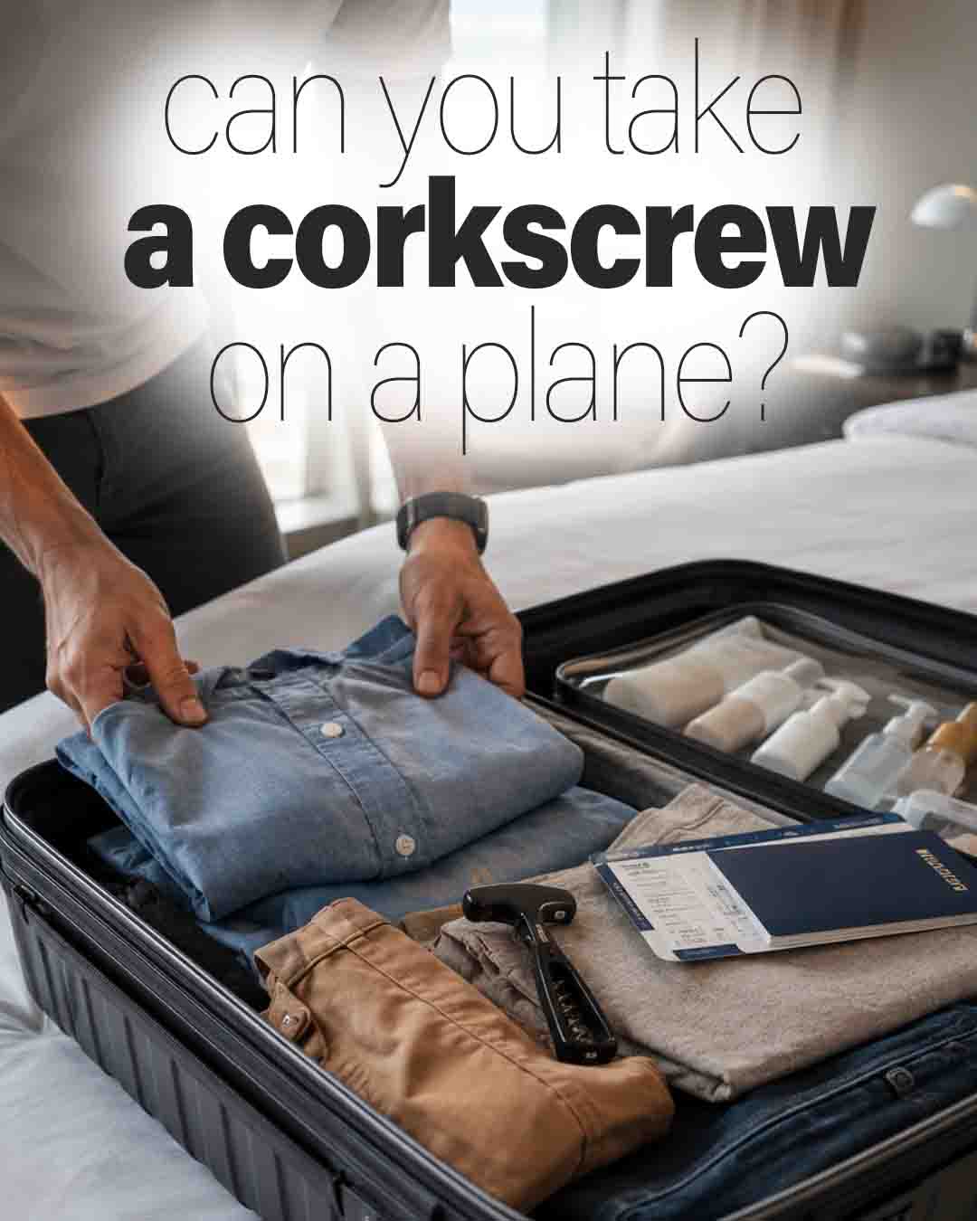 Traveler packing a blade-free corkscrew in an open suitcase for air travel