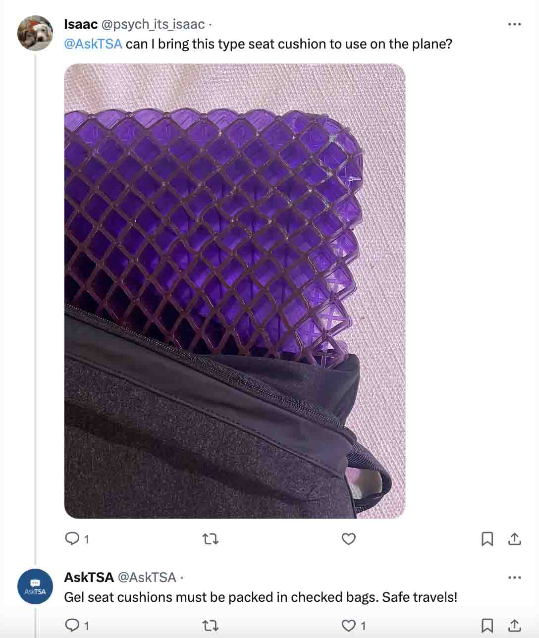 AskTSA answer about taking seat cushion on a plane 