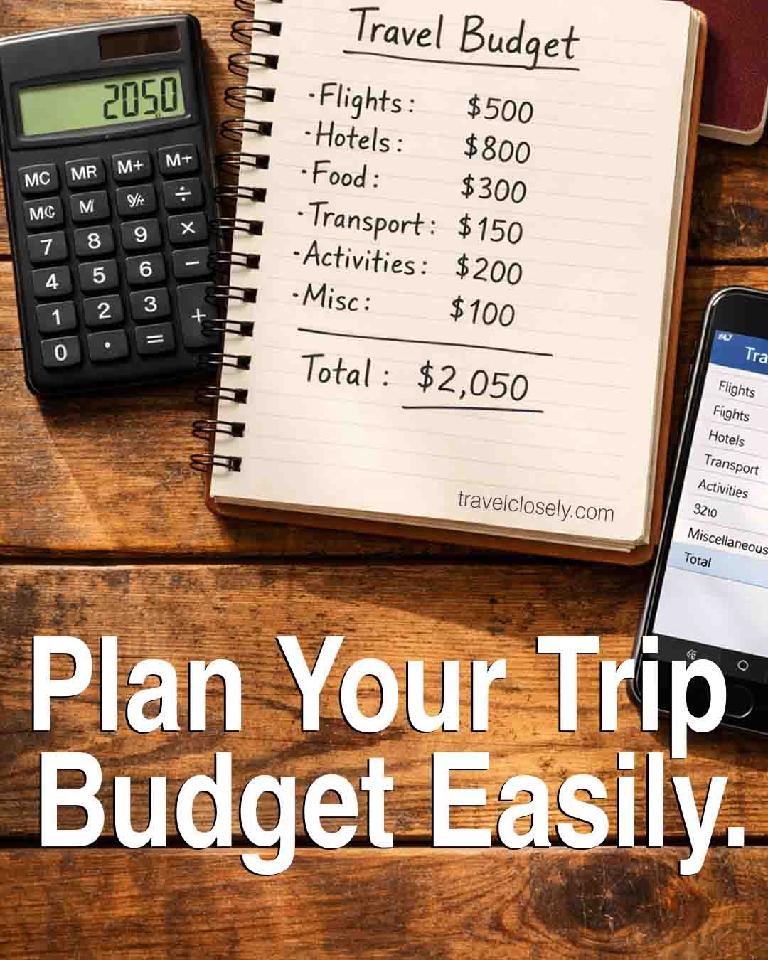 Travel budget notebook with calculator and phone on a wooden table, text  Plan Your Trip Budget Easily.