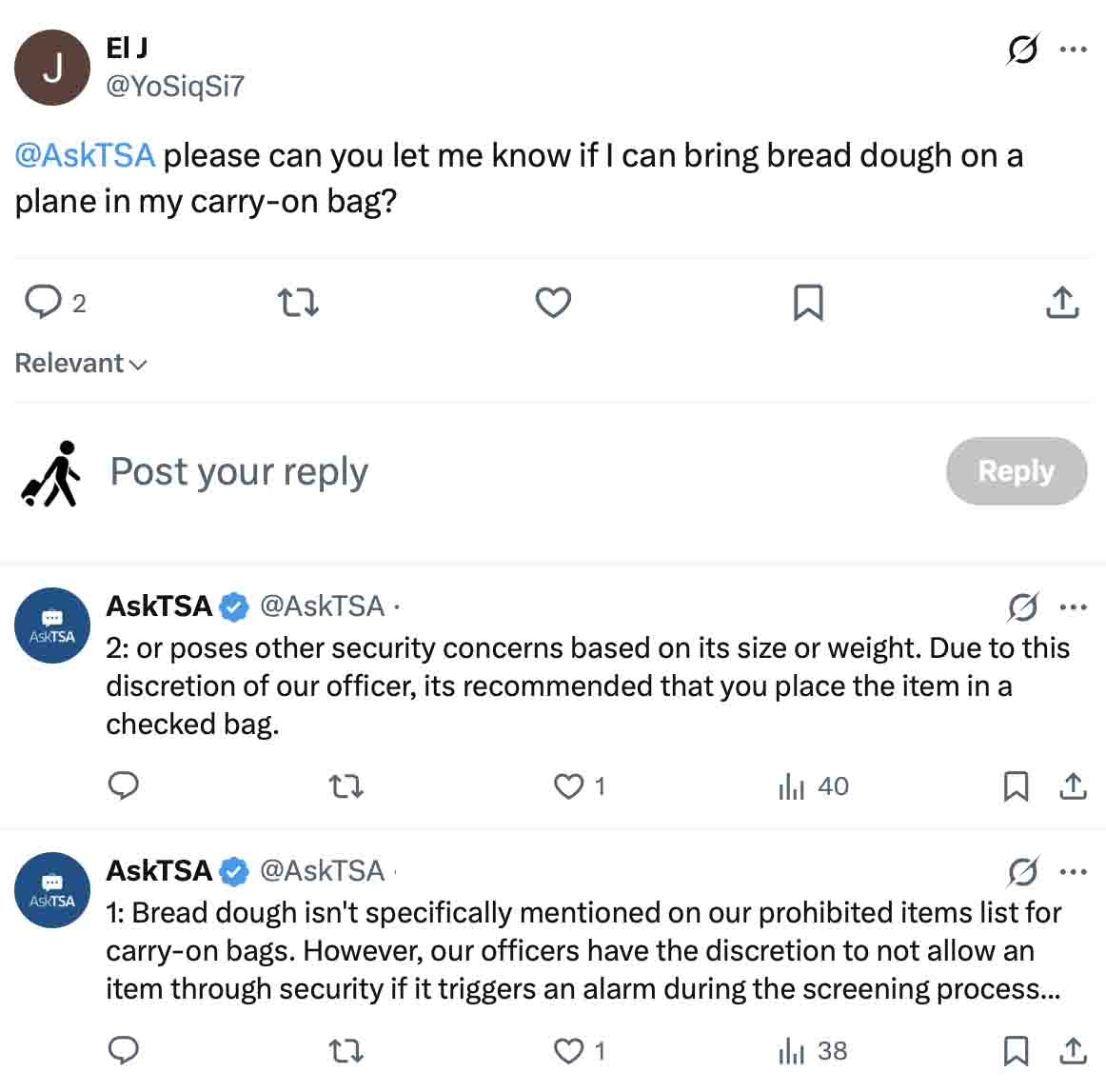Screenshot of an X post where AskTSA explains that bread dough may be allowed in carry-on bags but could require additional screening