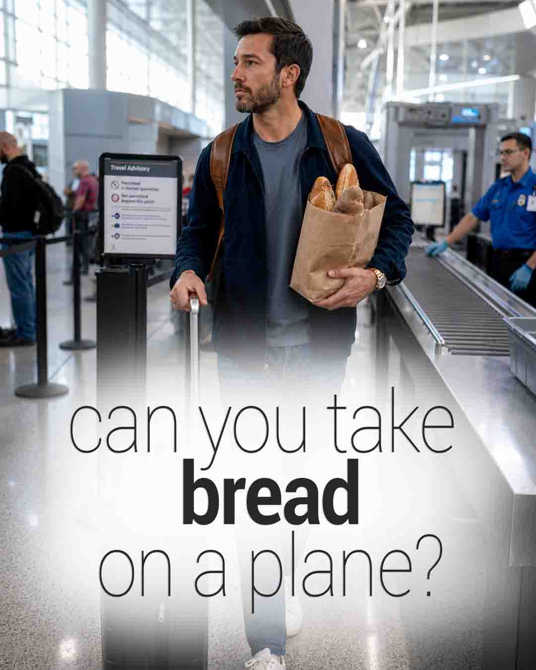 Traveler walking through airport security with a paper bag of bread and a suitcase, overlaid with the text “Can you take bread on a plane?”