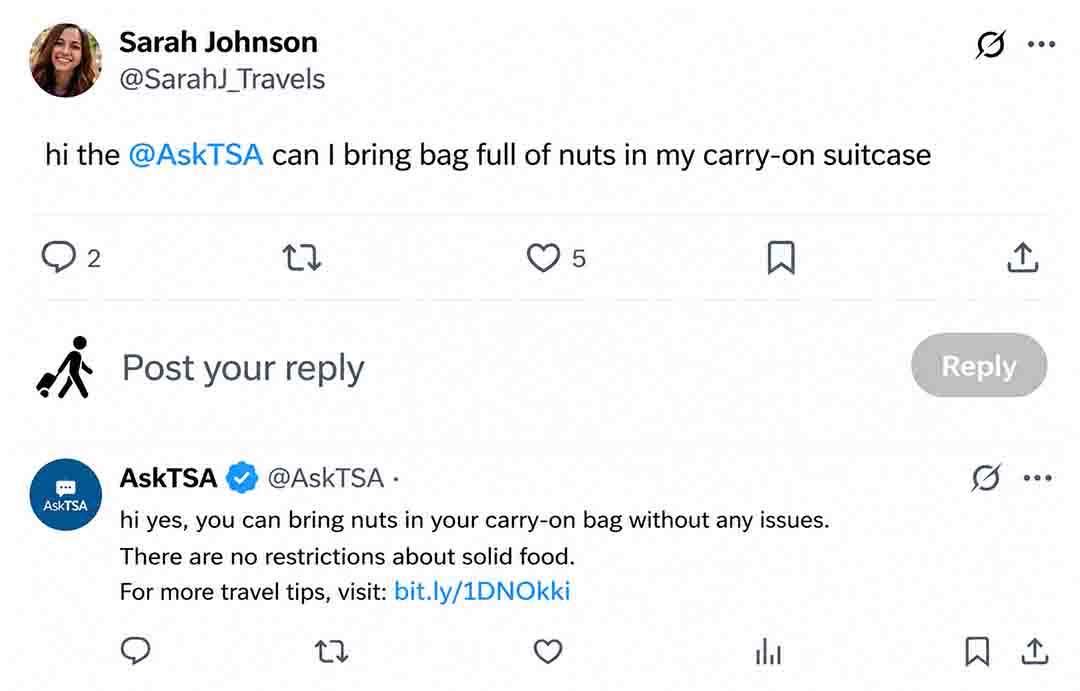 The AskTSA on X answering a user that nuts are allowed in carry-on bags
