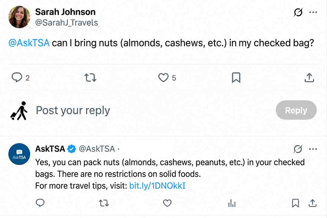 Screenshot of a tweet asking TSA if nuts can be packed in checked luggage, with TSA replying that solid foods such as nuts are allowed