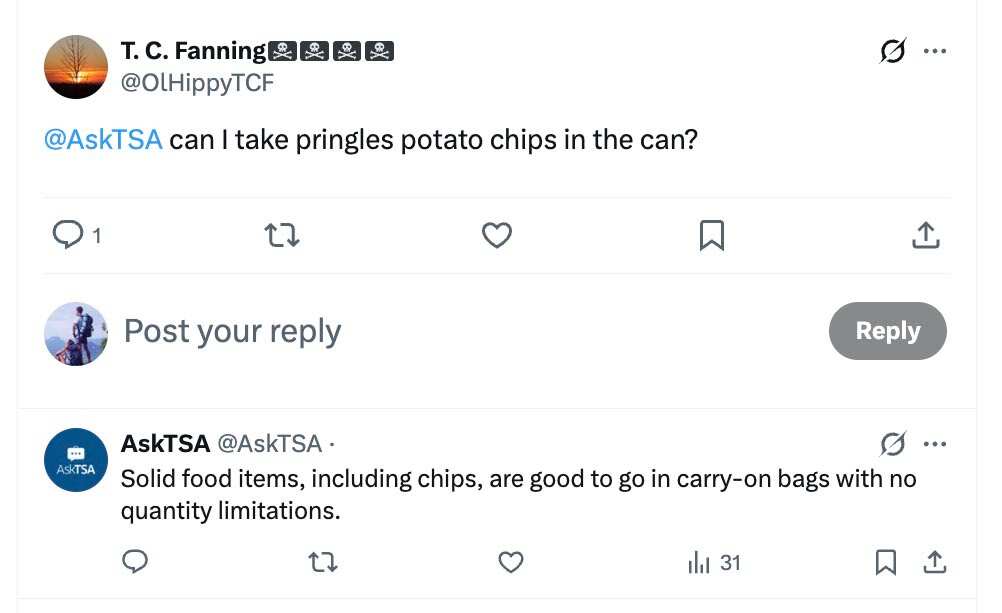 Screenshot of an X post asking AskTSA if Pringles in a can are allowed; TSA replies that solid foods like chips are allowed in carry-on bags