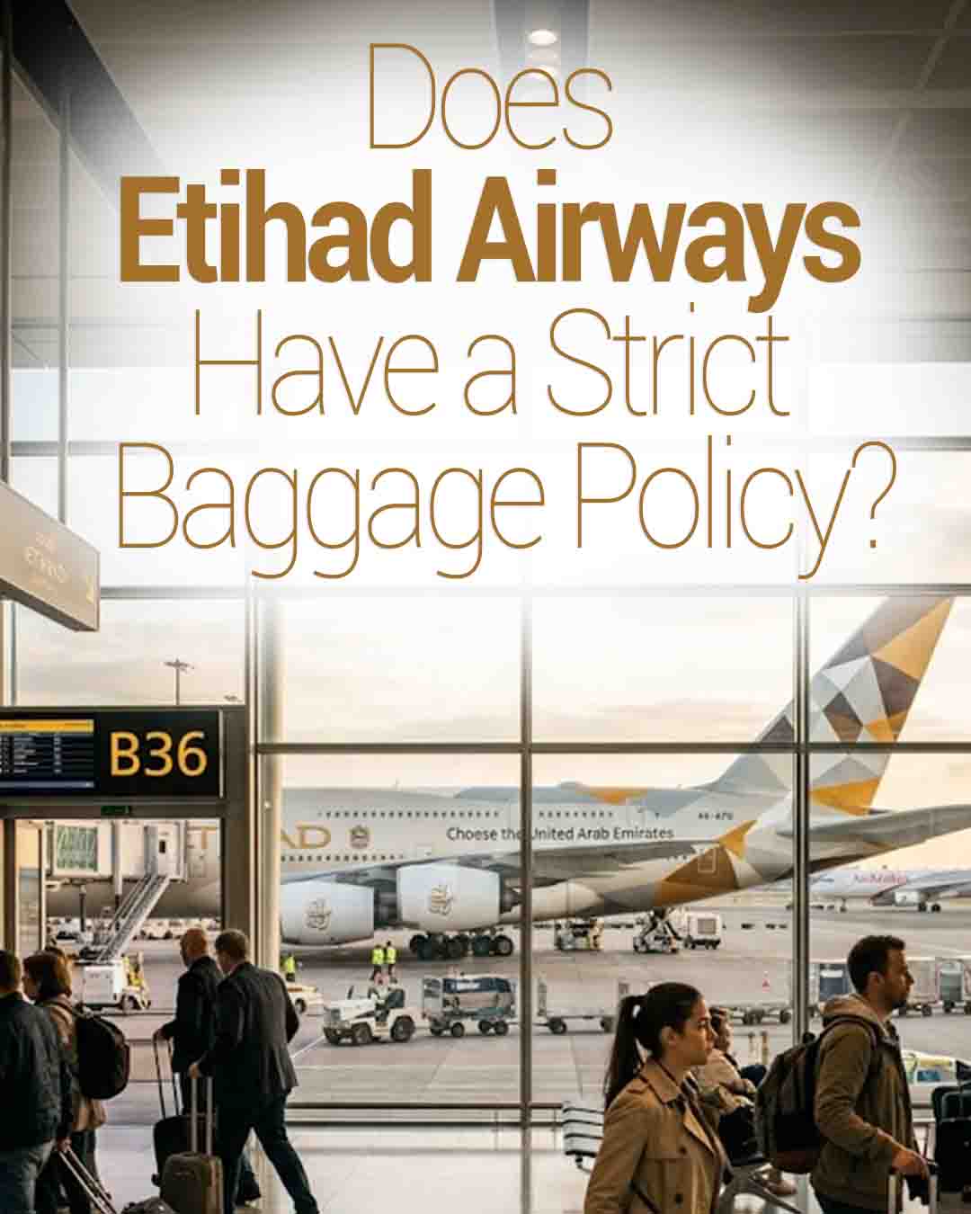 An airport terminal scene with passengers and an Etihad Airways plane