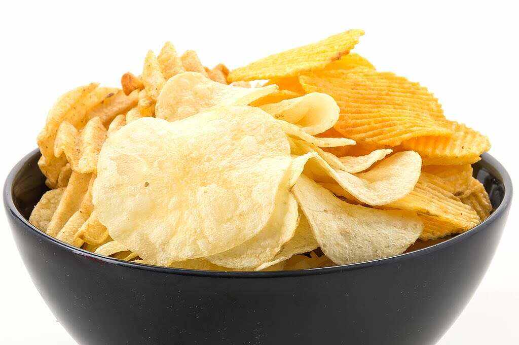 Bowl filled with assorted potato chips