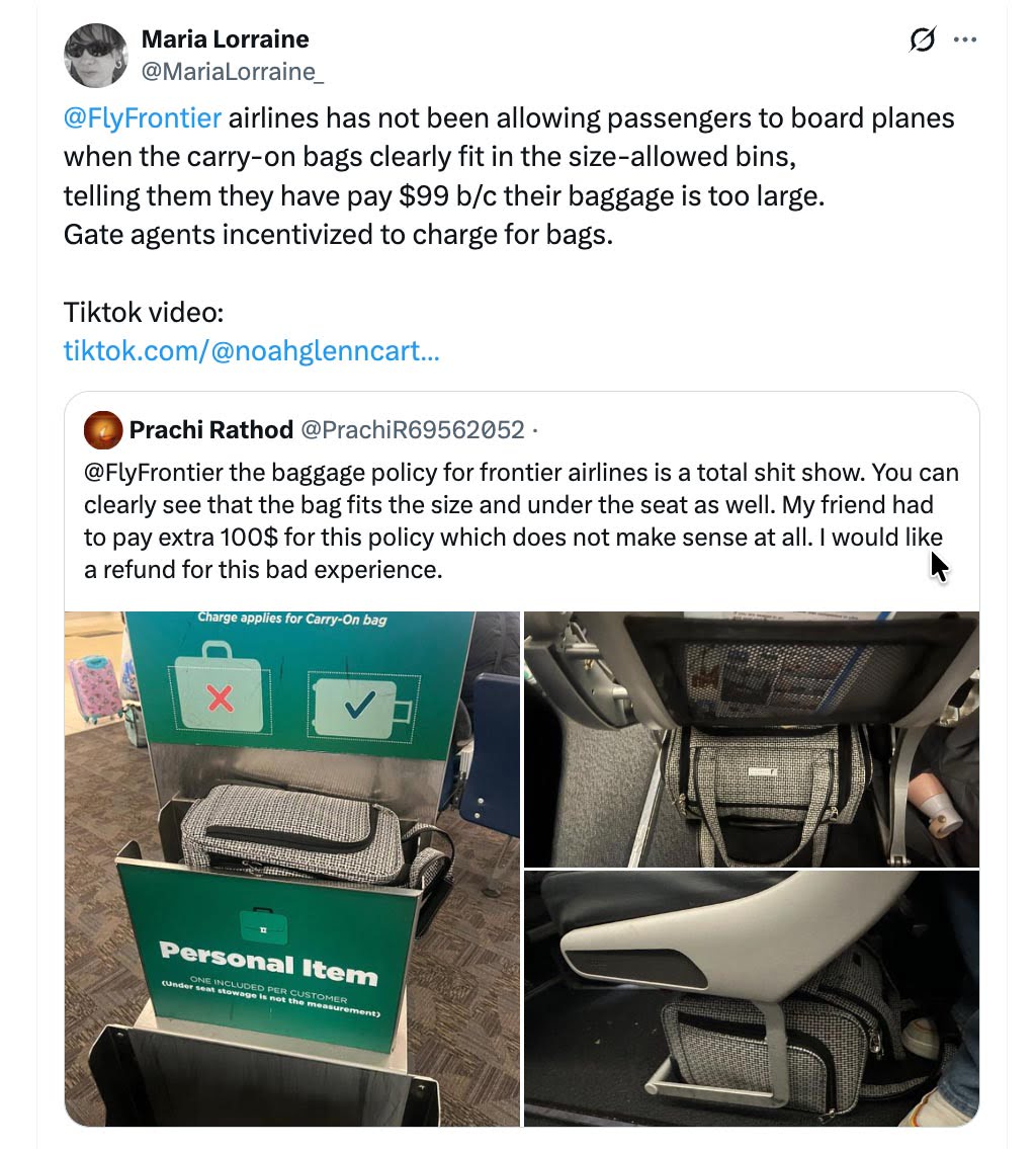 Tweet criticizing Frontier Airlines’ carry-on baggage rules, showing a bag fitting the personal item sizer and under an airplane seat