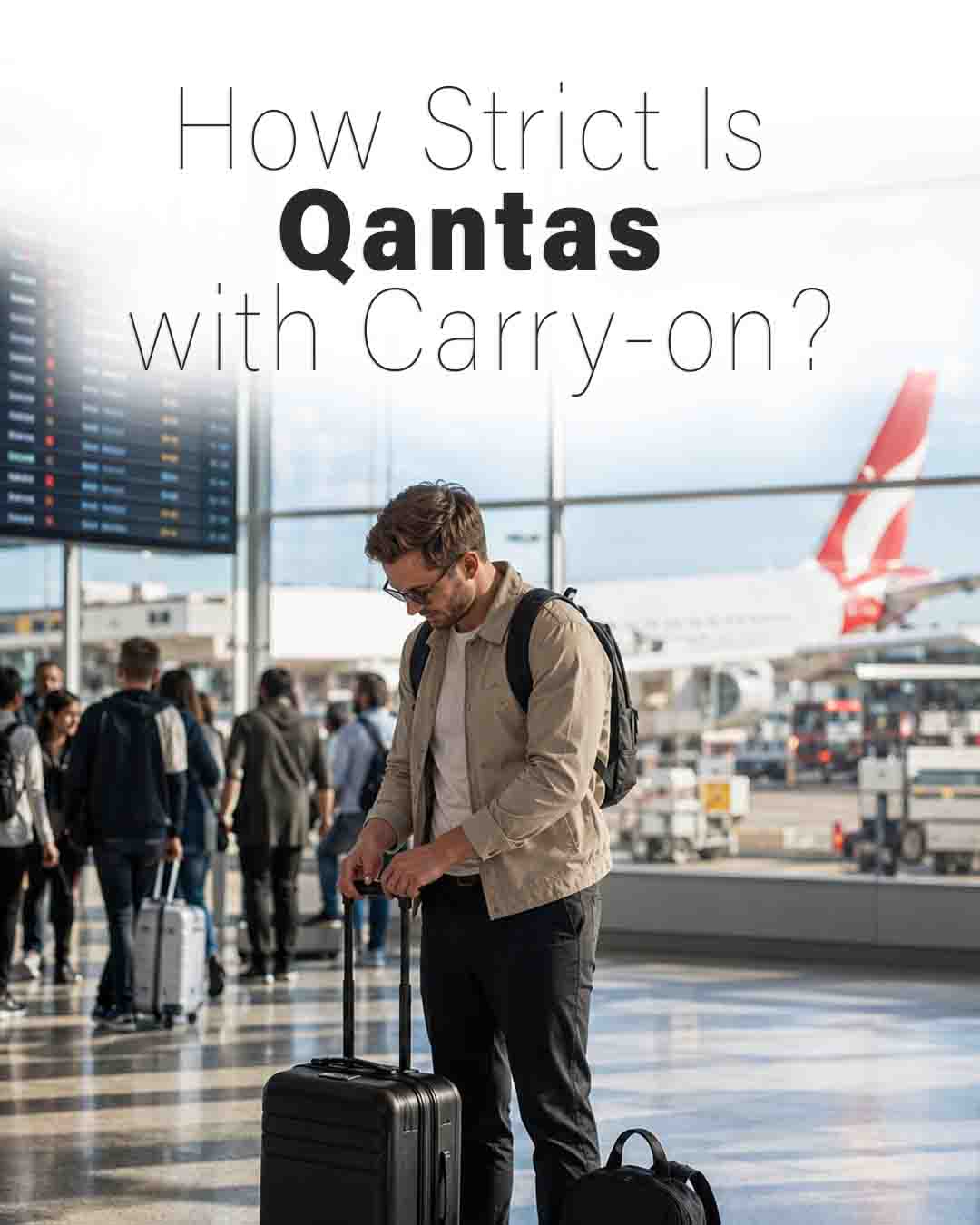 Traveler with a carry-on suitcase in a Qantas airport terminal beneath the headline "How Strict Is Qantas With Carry-On?"