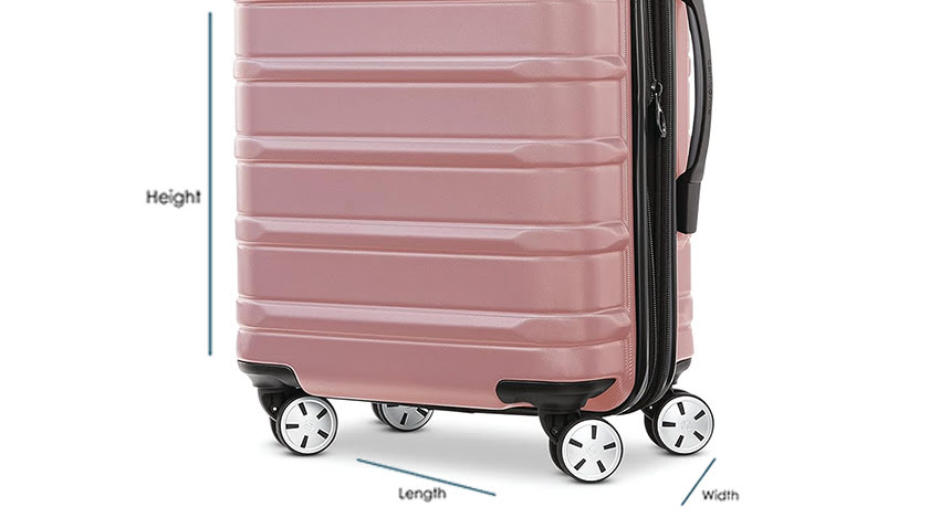 suitcase labeled with height, length, and width to show how to measure luggage dimensions for volume calculation.