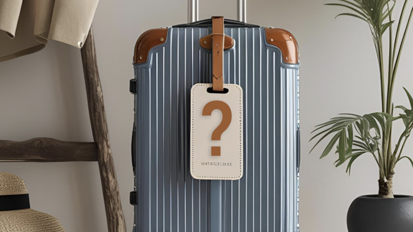 A suitcase with a luggage tag showing a question mark, symbolizing the common travel question: What to put on a luggage tag? The image highlights the importance of labeling your bag properly before travel.