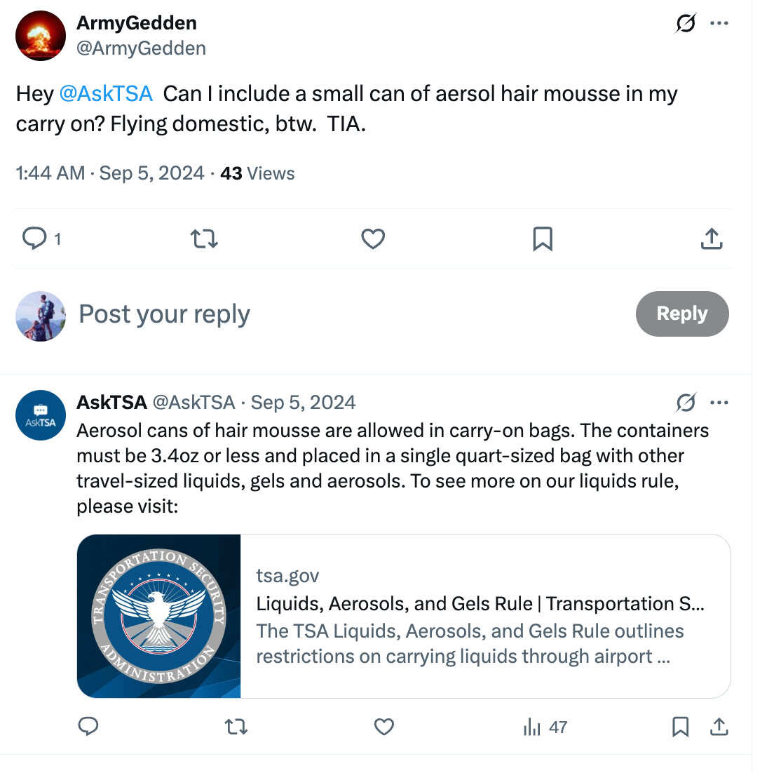 Screenshot of an AskTSA response on X confirming that aerosol hair mousse is allowed in carry-on bags if under 3.4oz and in a quart-sized bag.
