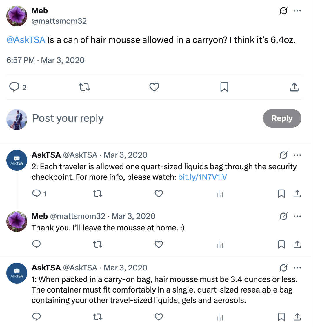Screenshot of an AskTSA response on X confirming that hair mousse  must be 3.4 oz or less when packed in carry-on