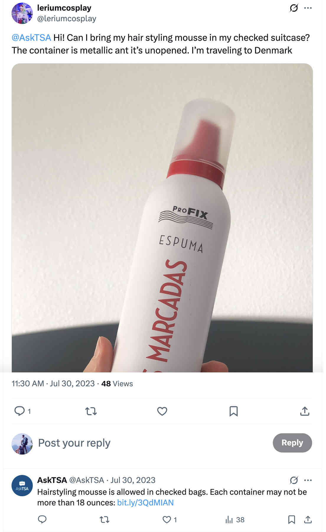 Screenshot of an AskTSA response on X confirming that hair mousse   is allowed in checked luggage