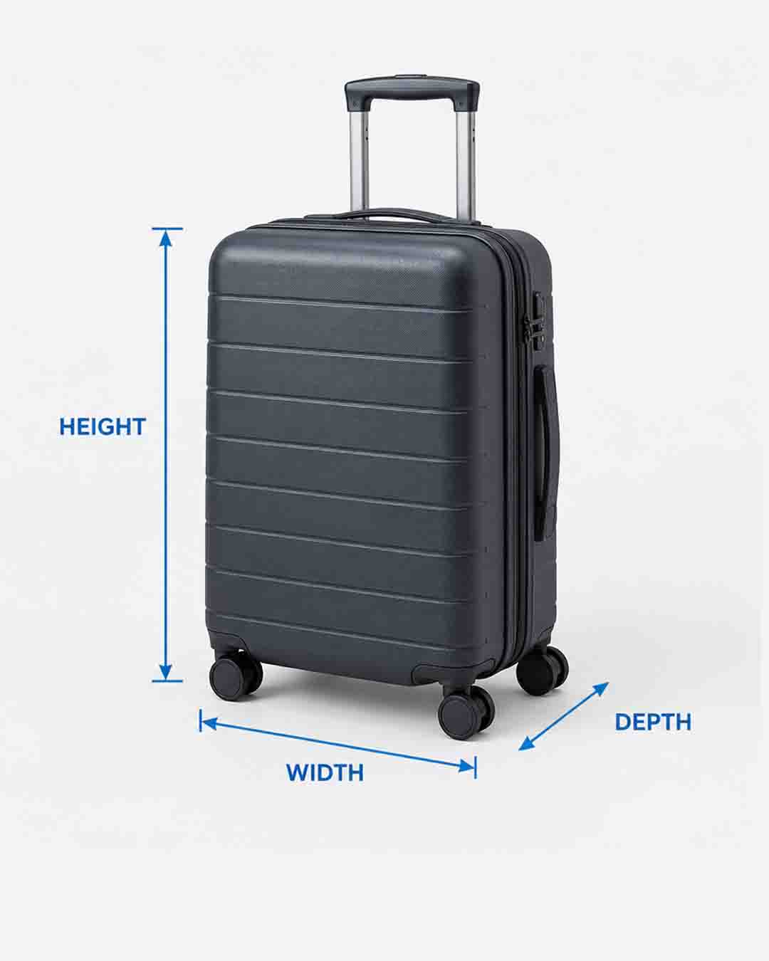 Carry-on suitcase with height, width, and depth measurement arrows