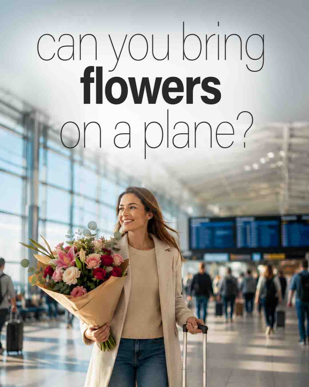 Traveler carrying a bouquet of flowers and a carry-on suitcase in a bright airport terminal with the text "Can you bring flowers on a plane?"