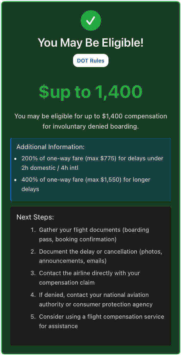 Result screen showing eligibility for up to $1,400 flight delay compensation under DOT rules, with next steps and details.